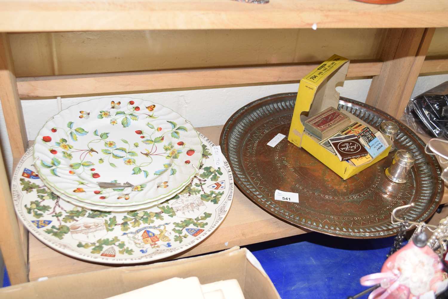 Assorted ceramics, metal platter, matchboxes etc