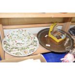 Assorted ceramics, metal platter, matchboxes etc