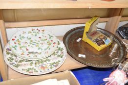 Assorted ceramics, metal platter, matchboxes etc