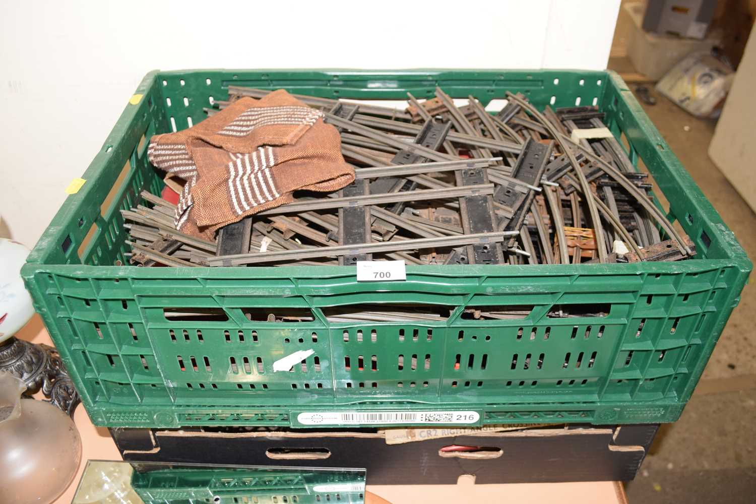 Two boxes of various vintage model railway track etc
