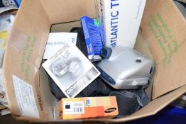 Box containing various cameras and photographic equipment inc canon