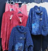 Two wool and alpaca jackets by Mara Gibbucci, two red chenelle style cowl neck tunics by Italy Moda,