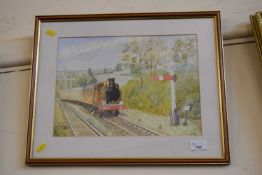 Framed watercolour depicting a steam train