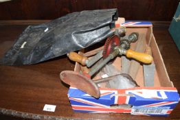 Box of various vintage tools including drill brace etc