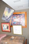 Quantity of assorted prints including framed stamp collection, motoring interest