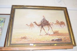 Framed oil on canvas, nomads on camels