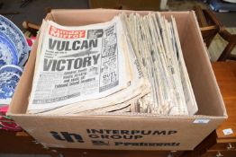 Box containing a quantity of vintage Sunday Mirror and other newspapers, most appear Falklands War