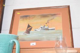 Framed pastel depicting paddle steamer
