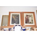 Pair of framed prints together with a small mirror