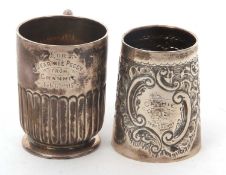 Mixed Lot: An Edwardian silver embossed mug, initialled, hallmarked London 1906, makers mark for