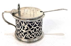 A Victorian silver drum mustard pot and liner, the body pierced with a geometric scroll design,