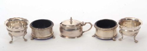 Mixed Lot: A pair of Edwardian silver cauldron salts having wavy rims and reeded decorated bodies,