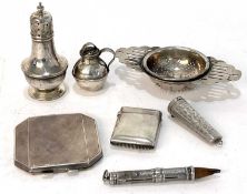 Mixed Lot: An Art Deco twin handled tea strainer, Birmingham 1930, makers mark for Marson & Jones,