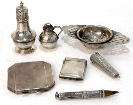 Mixed Lot: An Art Deco twin handled tea strainer, Birmingham 1930, makers mark for Marson & Jones,