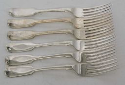 A set of six Newcastle silver fiddle pattern table forks, hallmarked for Newcastle 1840, makers mark
