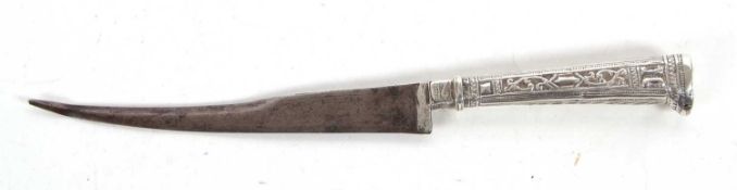 An antique Persian silver handled knife with shaped steel blade with engraved detail, 23cm long