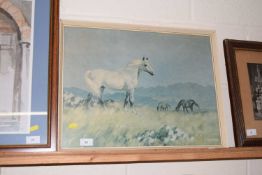 A coloured print of horses