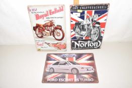 Three reproduction metal signs Norton and Enfield Motorcycles and Ford Escort