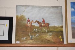 An oil on canvas study of huntsman and hounds