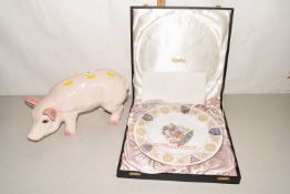 A pottery pig together with a Spode Tewkesbury Abbey commemorative plate