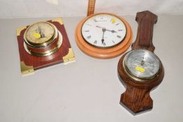 A wall clock, an oak cased barometer and a further thermometer (3)