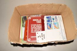 Box of reproduction railway metal signs, Channel Tunnel first day cover and other items