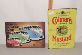 Reproduction Colmans Mustard metal sign and a VW Camper Van sign (2)