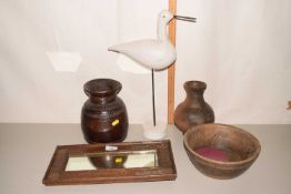 Mixed Lot: Wooden vase, bowl, mirror and a wooden seagull on stand