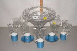 Large glass bowl on pedestal base together with a quantity of other cut glass and coffee cans