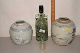 Two Chinese stone ware vases and a quantity of glass