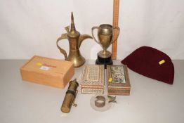 Mixed Lot: Set of dominoes, copper pots, trophy cup etc