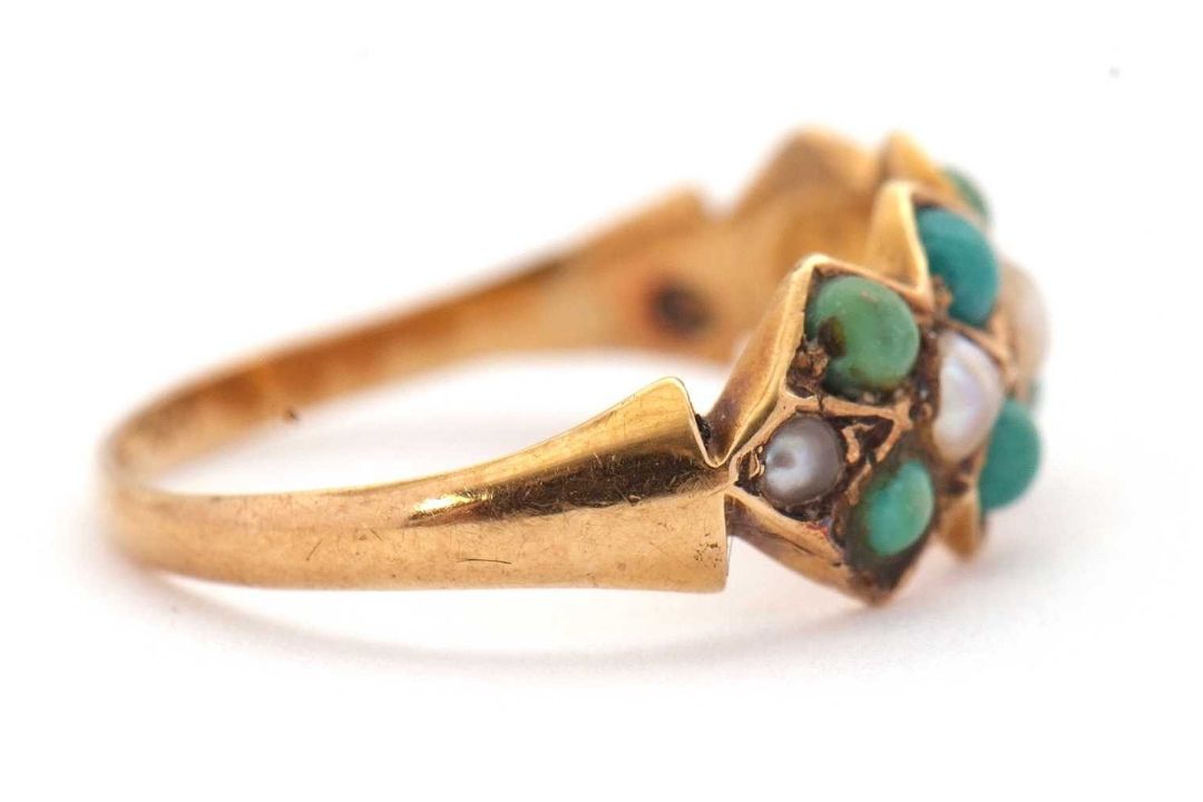 A late Victorian 15ct turquoise and pearl ring, set with round turquoise cabochons and split pearls, - Image 2 of 6