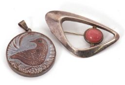 A David Andersen silver abstract brooch, set with a pink quartz cabochon, stamped 'D-A Norway,
