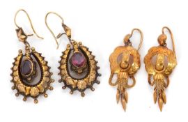 A pair of Etruscan revival earrings, the round frame with scalloped edge and engraved decoration and