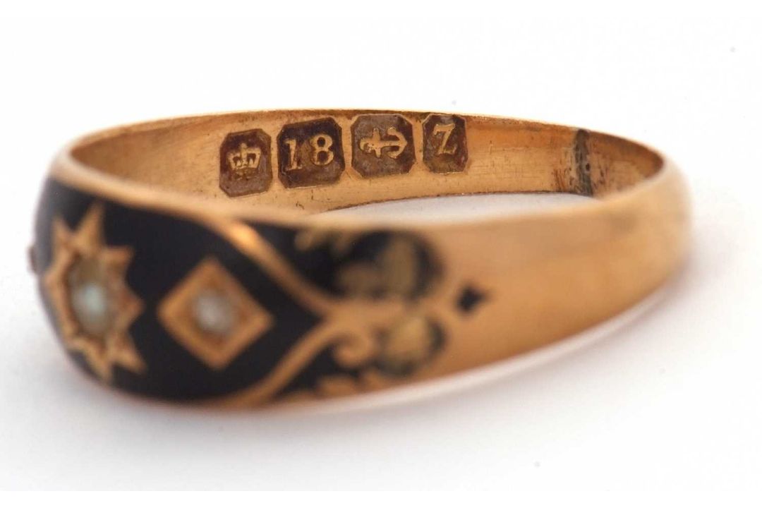 A late Victorian 18ct gold, pearl and diamond ring, the upper set with black enamel and a central - Image 4 of 6