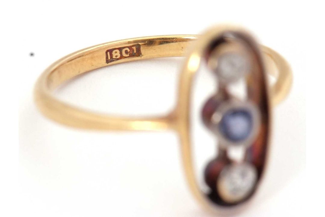 A sapphire and diamond ring, the oval frame with two collet mounted old mine cut diamonds and a - Image 5 of 7