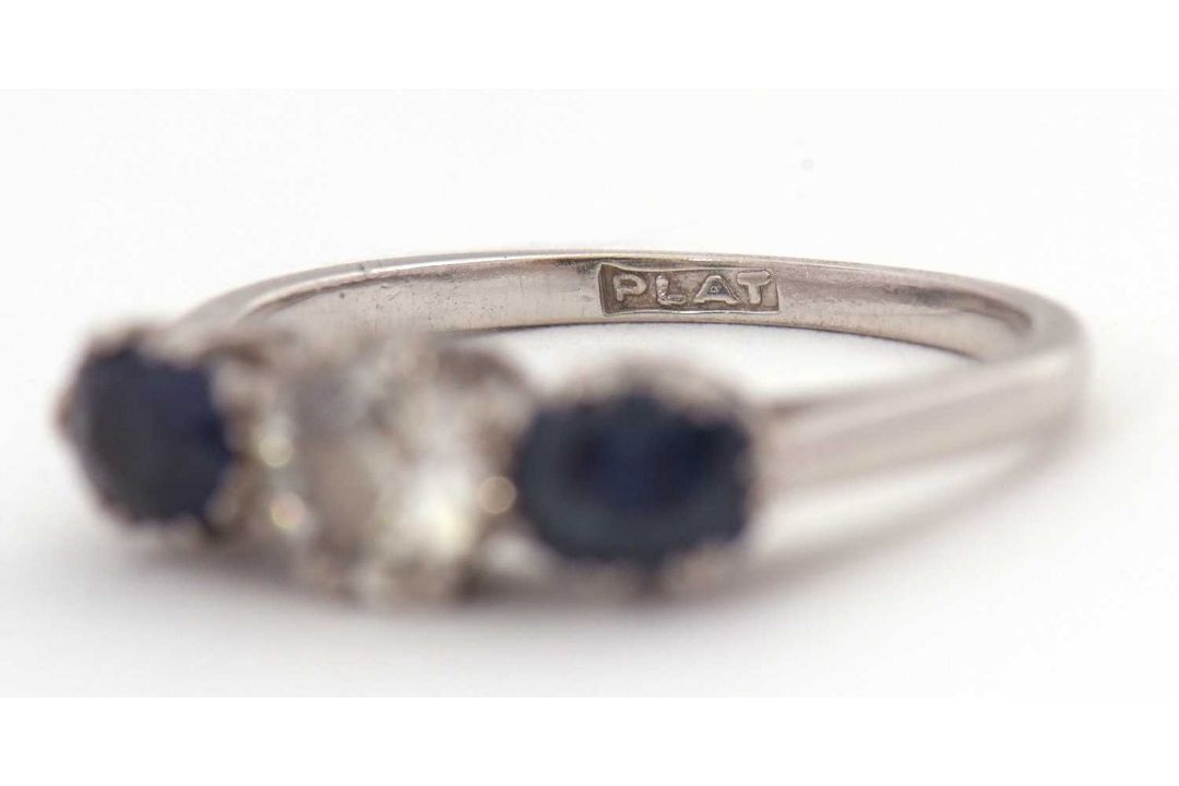 A three stone sapphire and diamond ring, the central old mine cut diamond, estimated approx. 0. - Image 5 of 9
