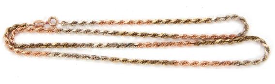 A 9ct bi-colour rope twist chain, in yellow and rose colour gold, with tag stamped 375, Sheffiled