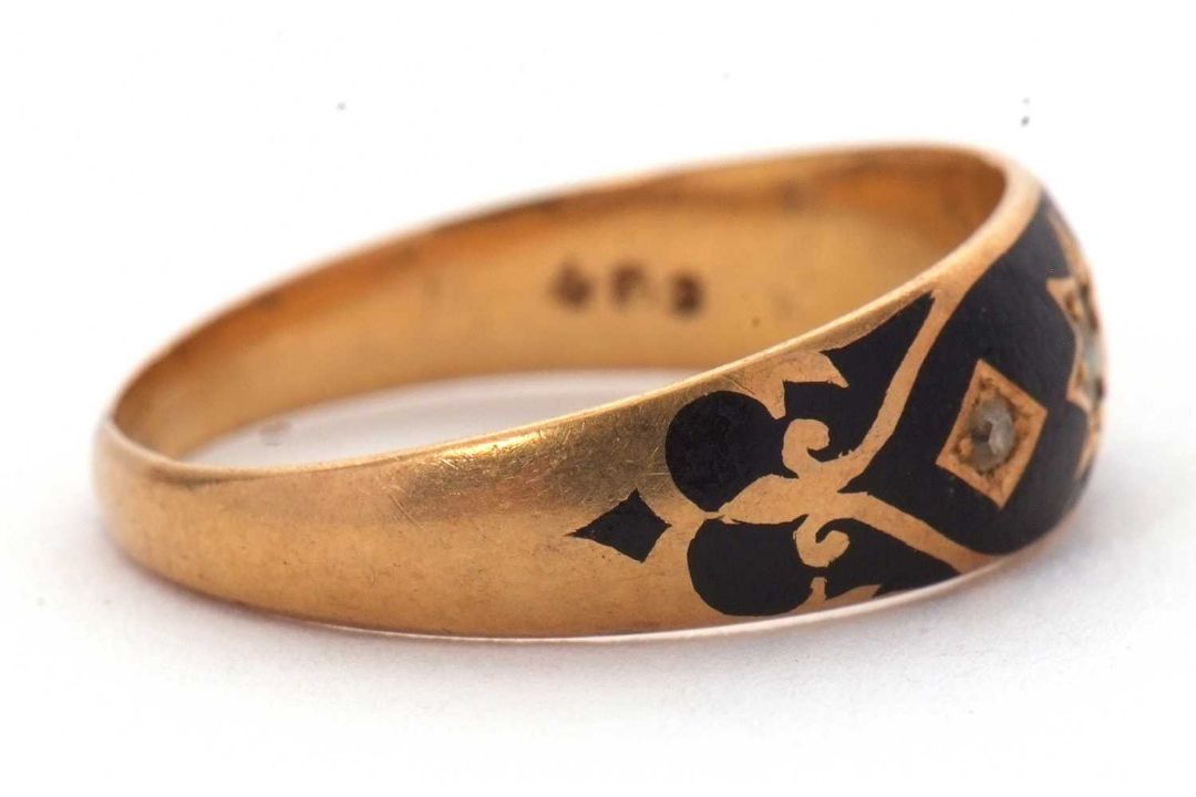 A late Victorian 18ct gold, pearl and diamond ring, the upper set with black enamel and a central - Image 2 of 6