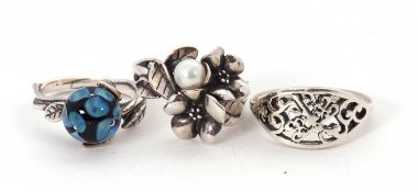 Three Trollbeads rings: to include a silver Dragonfly Beauty ring, size O; a Hawthorn and cultured