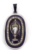 A Georgian enamelled pendant, the oval pendant with blue and white enamel, set with white hardstones