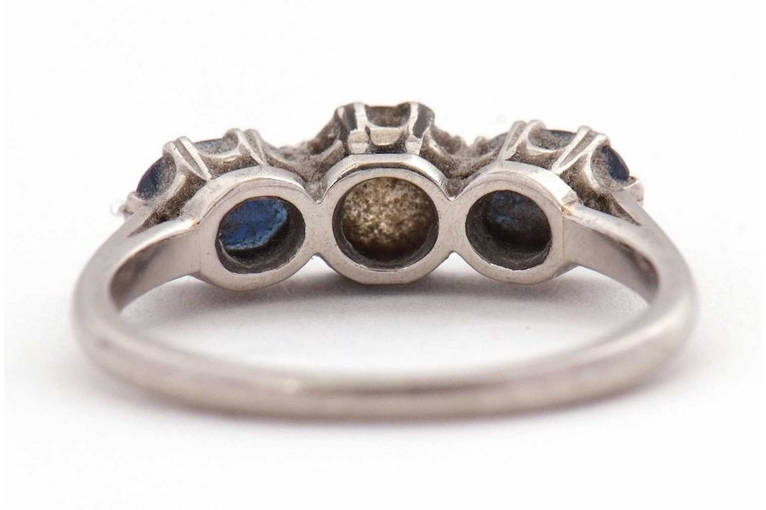 A three stone sapphire and diamond ring, the central old mine cut diamond, estimated approx. 0. - Image 8 of 9