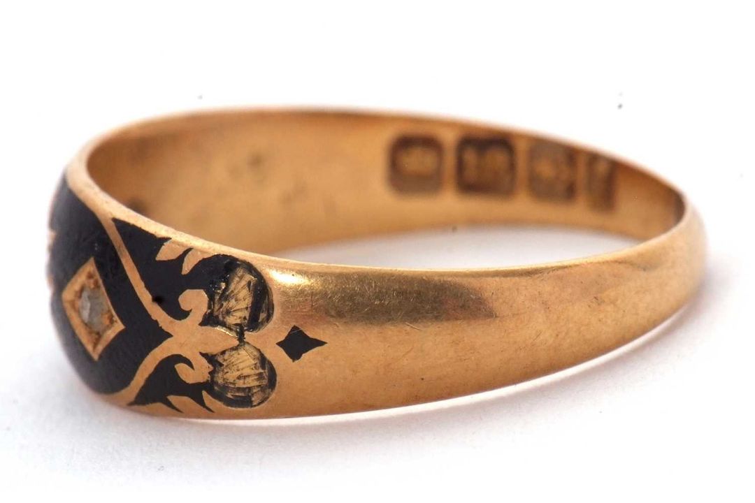 A late Victorian 18ct gold, pearl and diamond ring, the upper set with black enamel and a central - Image 6 of 6