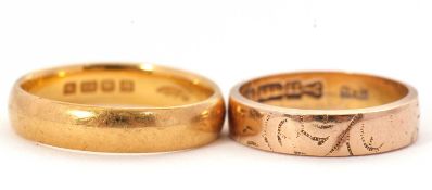 Two gold rings: to include a 22ct wedding band, hallmarked London 1920, size P-Q, 5.7g; and a 15ct
