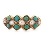 A late Victorian 15ct turquoise and pearl ring, set with round turquoise cabochons and split pearls,