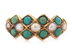 A late Victorian 15ct turquoise and pearl ring, set with round turquoise cabochons and split pearls,