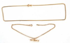 A 9ct box link chain and a T-bar chain: the box link chain with tag with London import mark 1978,