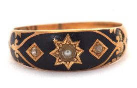 A late Victorian 18ct gold, pearl and diamond ring, the upper set with black enamel and a central