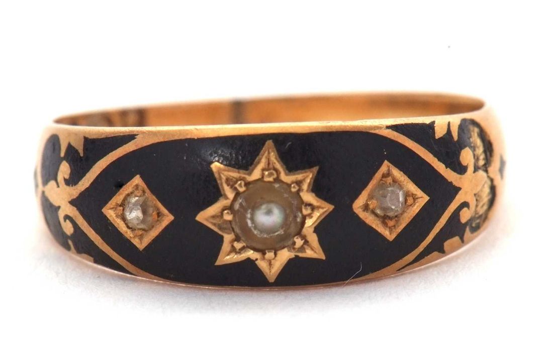 A late Victorian 18ct gold, pearl and diamond ring, the upper set with black enamel and a central - Image 1 of 6