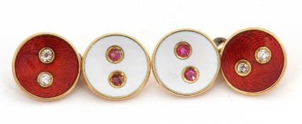 A pair of c.1930's diamond and enamel cufflinks, the round button style cufllinks, with one half
